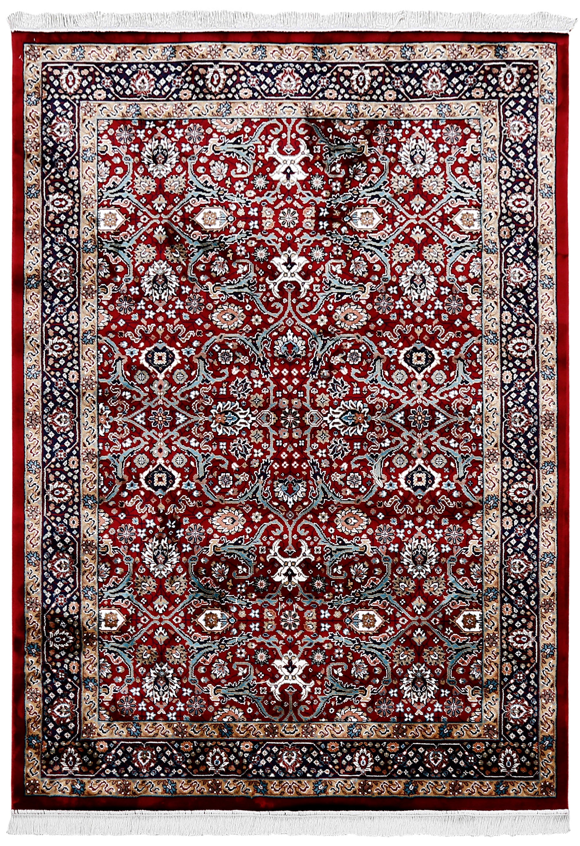Full view of Red Machine Woven Classic Art Silk Rug with symmetrical floral pattern and black ornamental border