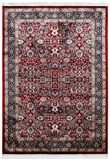 Full view of Red Machine Woven Classic Art Silk Rug with symmetrical floral pattern and black ornamental border