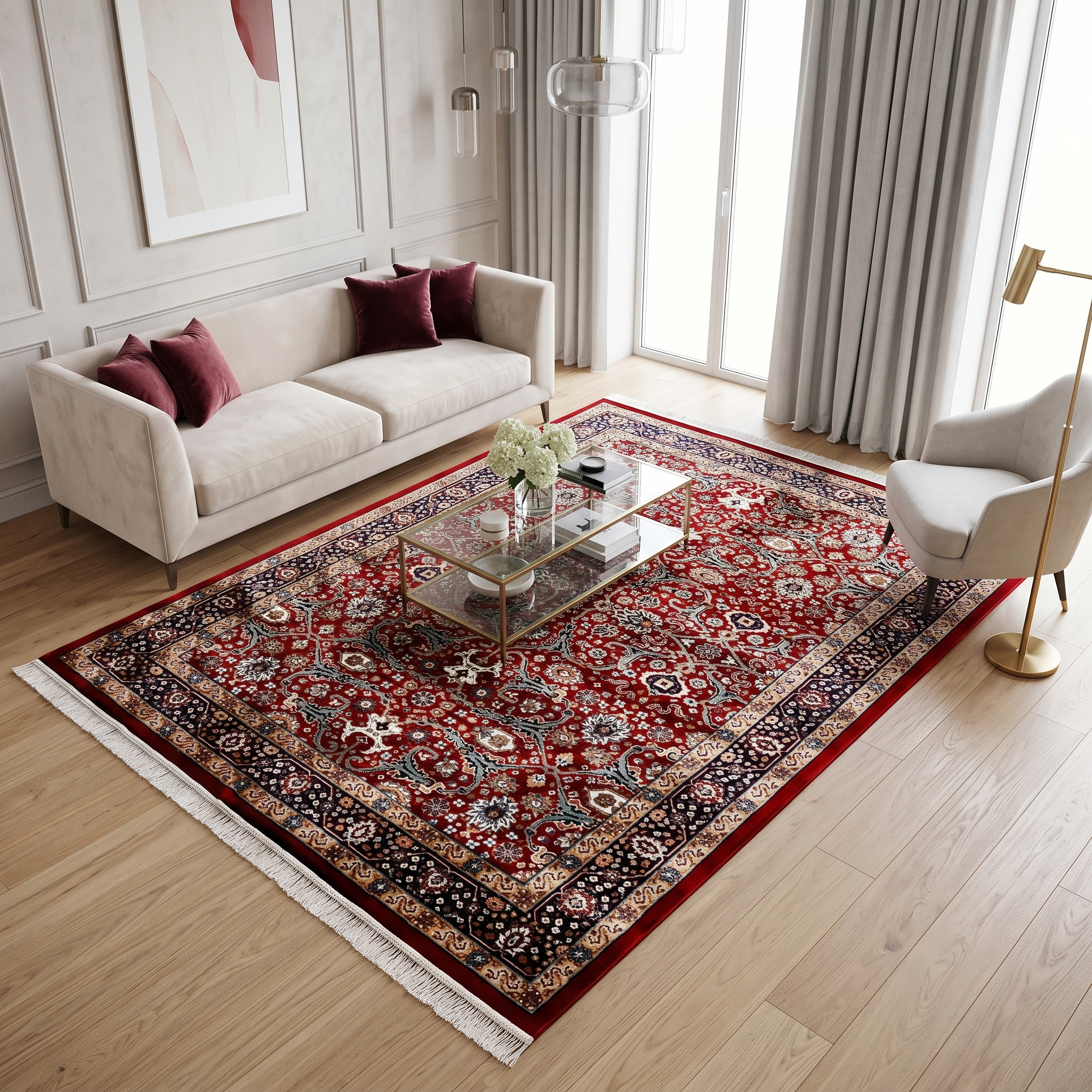 Red Ornamental Floral Machine Woven Classic Art Silk Rug styled in an elegant interior by Khushi Living