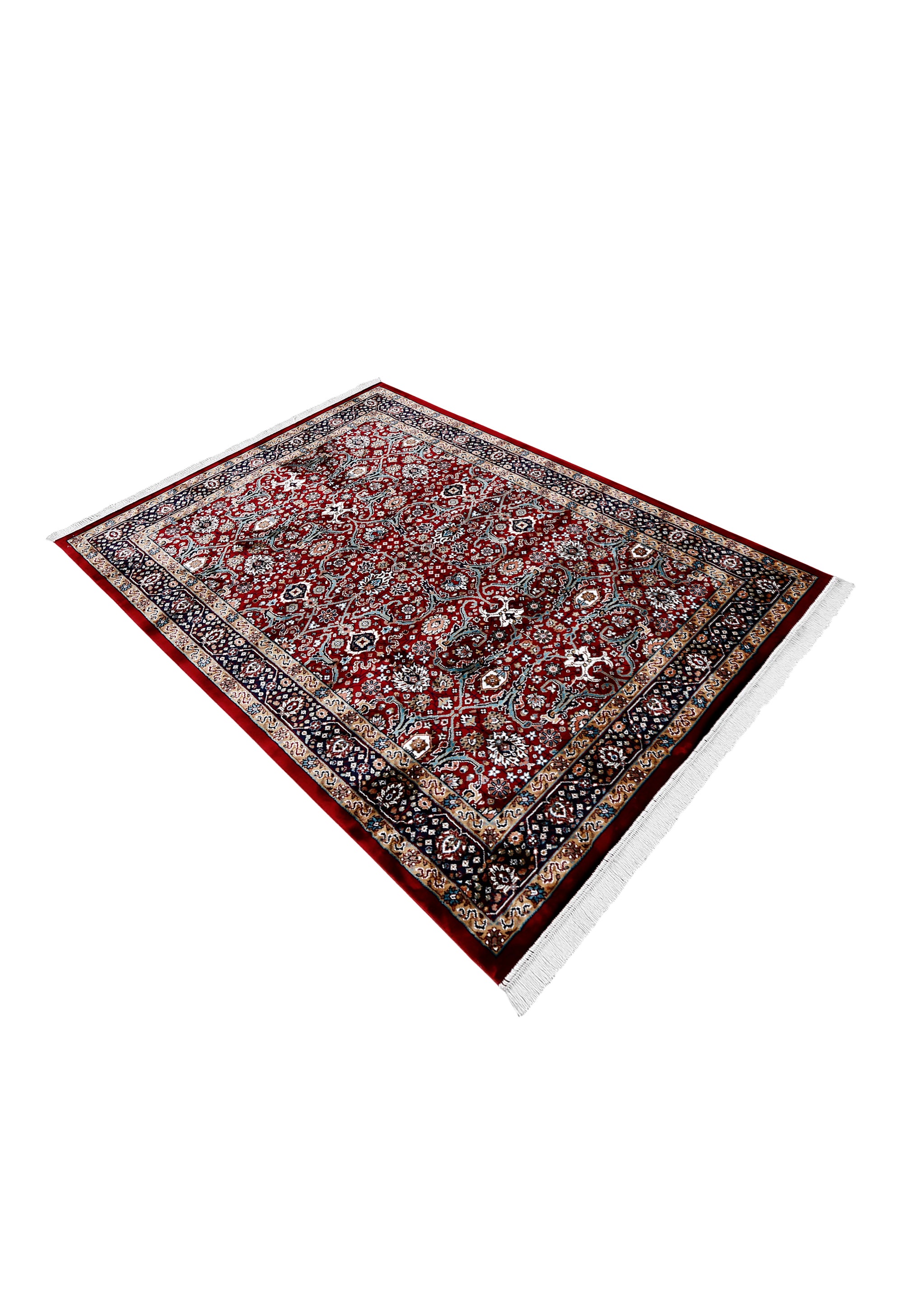 Side angle view of Red Ornamental Floral Machine Woven Classic Art Silk Rug by Khushi Living