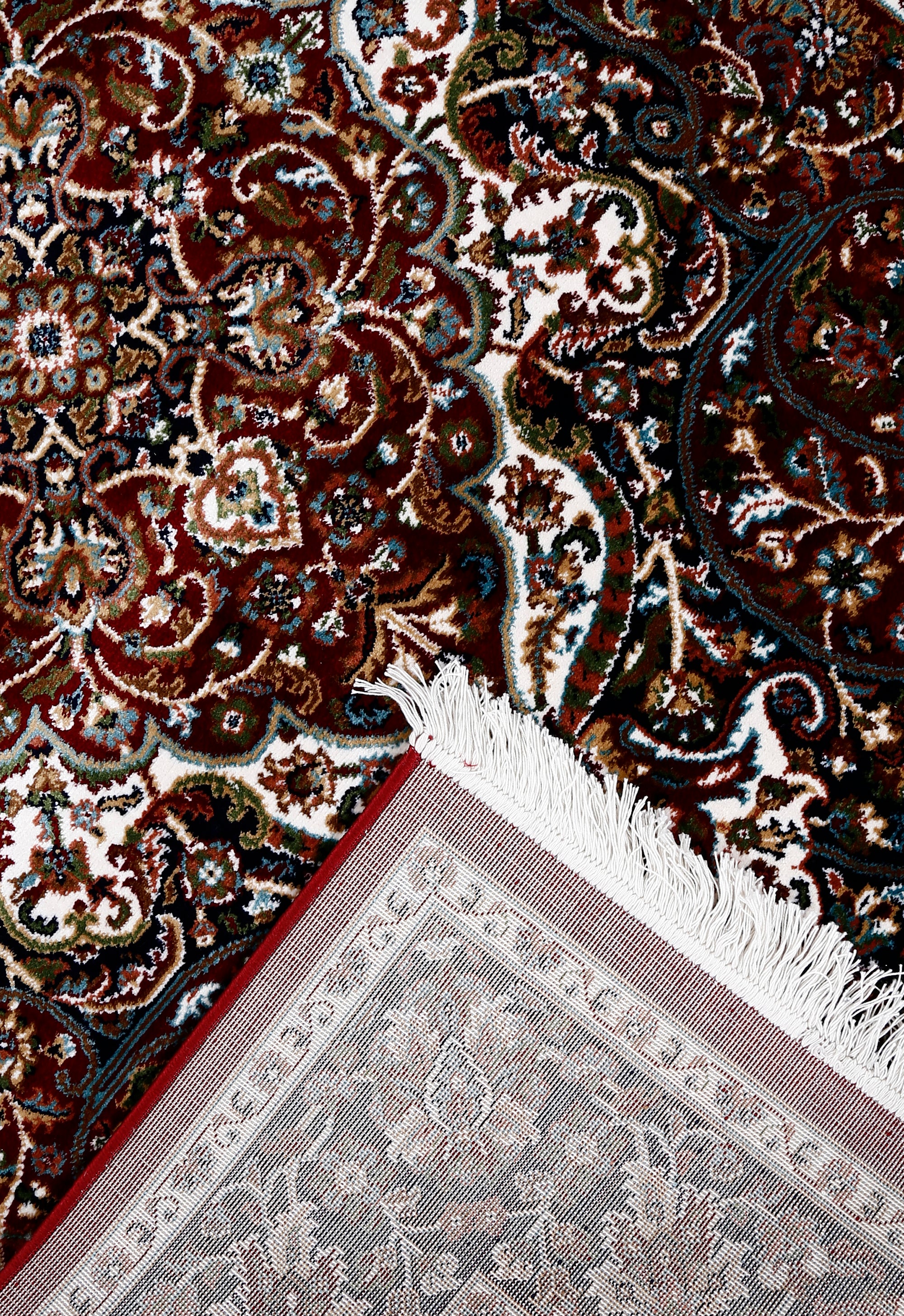 Corner and fringed edge detail of Red Ornamental Medallion Machine Woven Classic Art Silk Rug