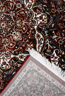 Corner and fringed edge detail of Red Ornamental Medallion Machine Woven Classic Art Silk Rug