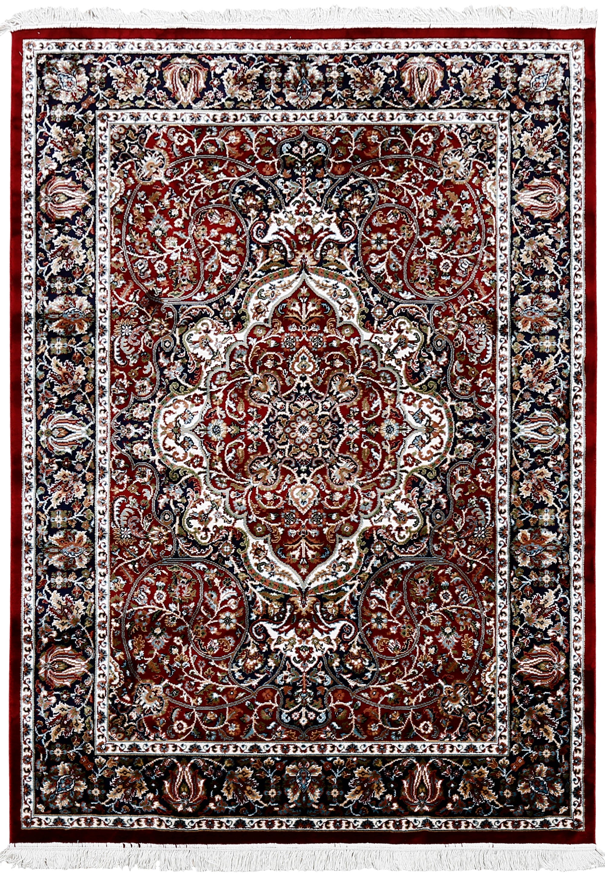 Full view of Red Machine Woven Classic Art Silk Rug with ornate central medallion and navy floral border
