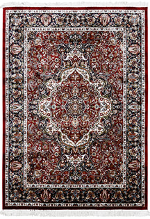 Full view of Red Machine Woven Classic Art Silk Rug with ornate central medallion and navy floral border