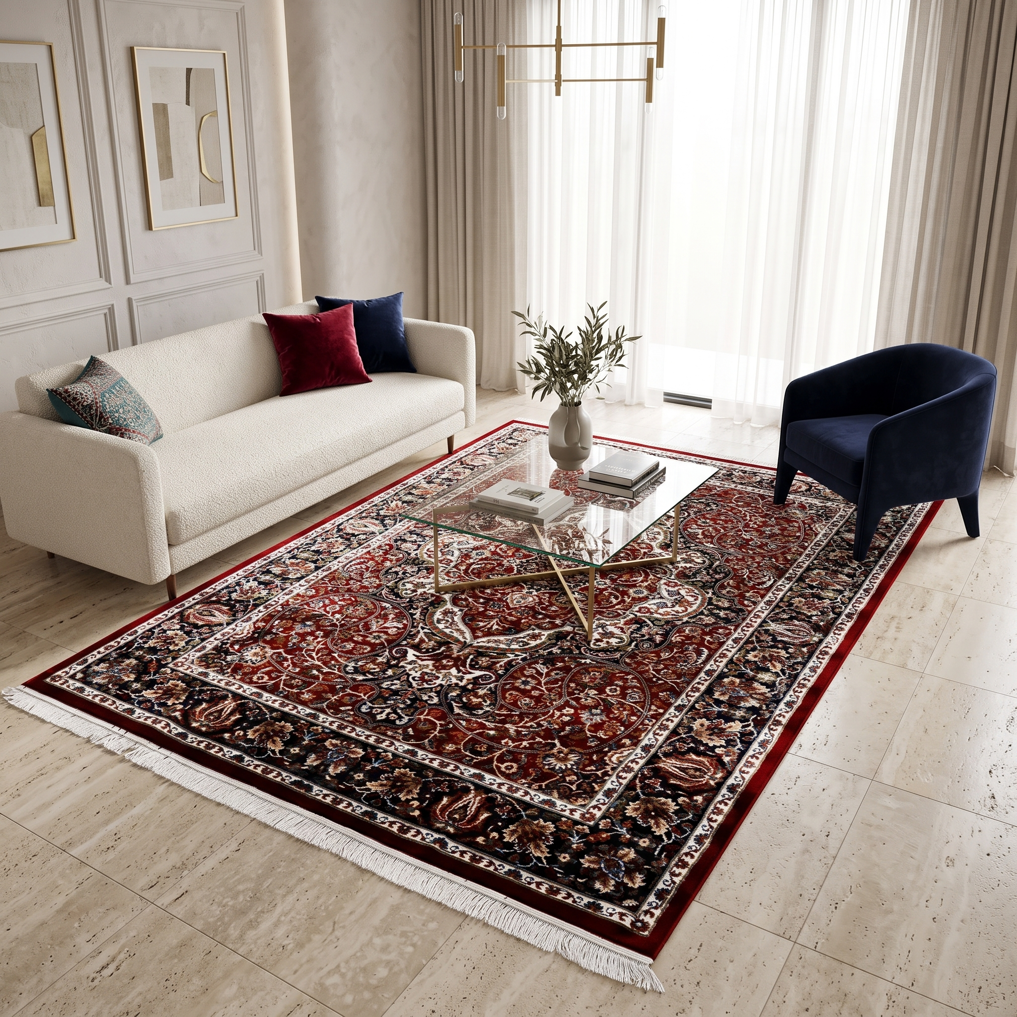 Red Ornamental Medallion Machine Woven Classic Art Silk Rug styled in an elegant interior by Khushi Living