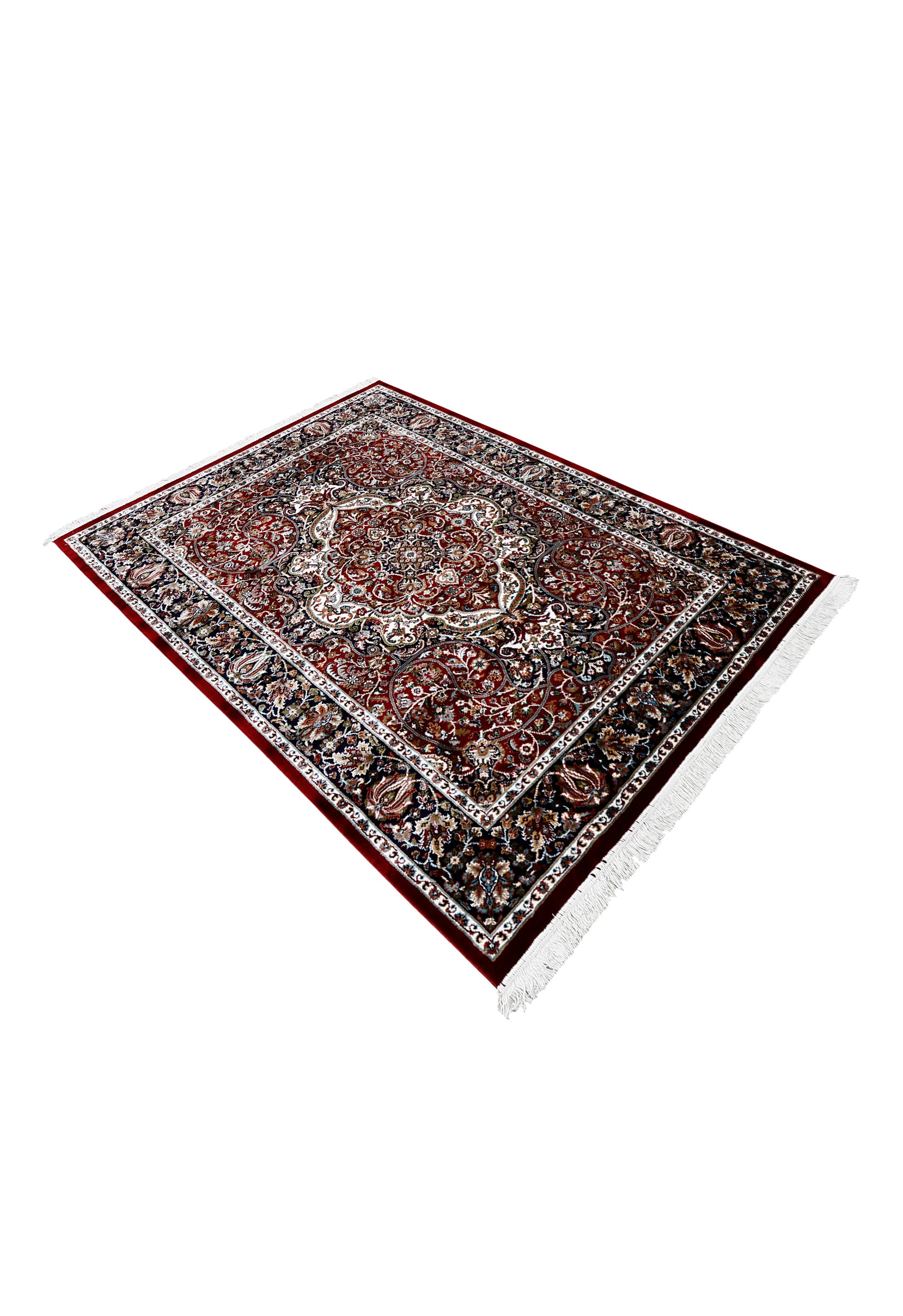 Side angle view of Red Ornamental Medallion Machine Woven Classic Art Silk Rug by Khushi Living