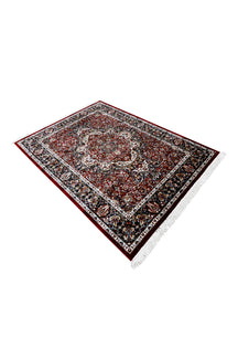 Side angle view of Red Ornamental Medallion Machine Woven Classic Art Silk Rug by Khushi Living
