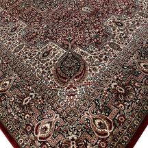 Close-up texture of Red Machine Woven Classic Art Silk Rug showing paisley and floral motifs with smooth Art Silk surface