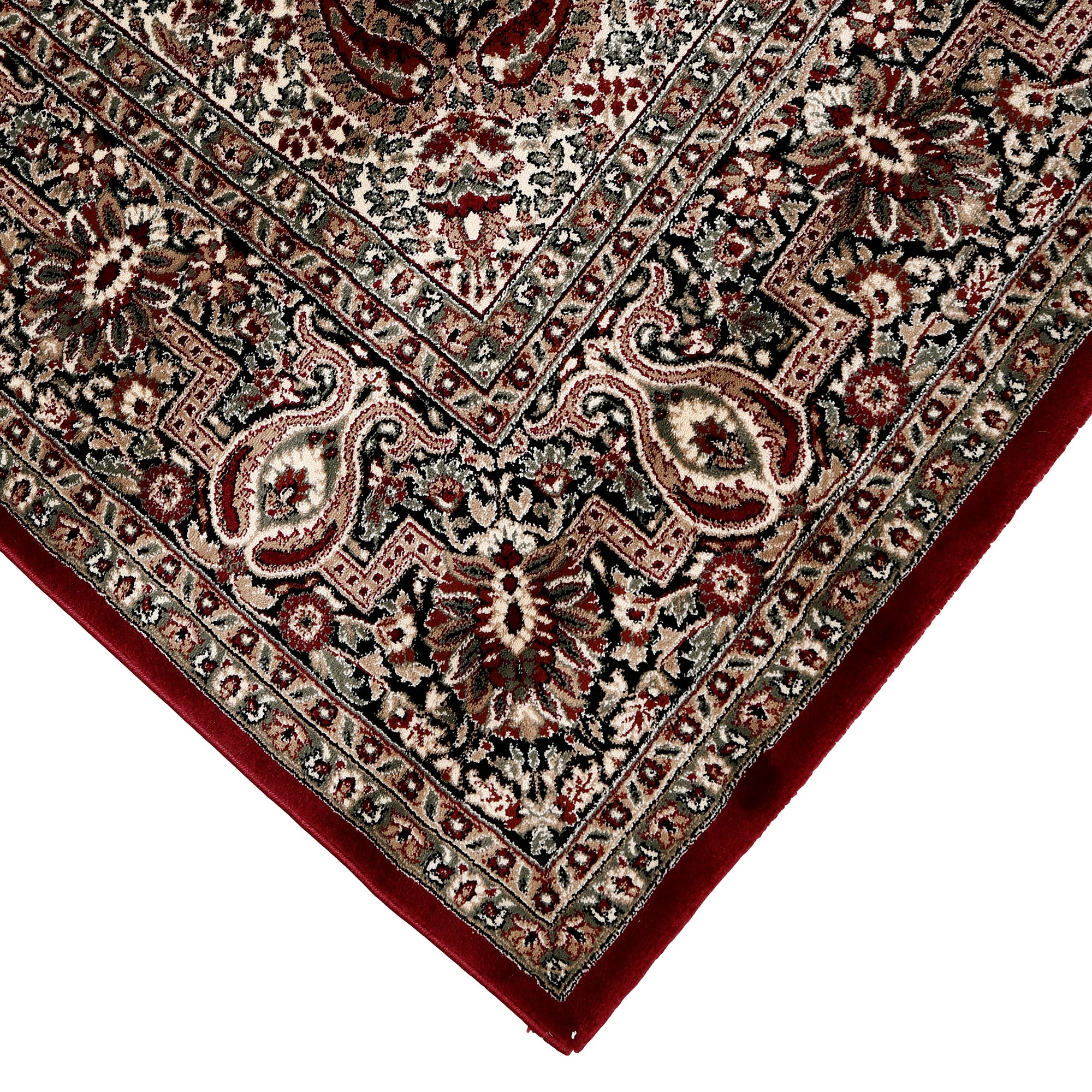 Corner and edge detail of Red Paisley Medallion Machine Woven Classic Art Silk Rug with ornamental border