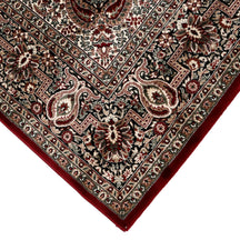 Corner and edge detail of Red Paisley Medallion Machine Woven Classic Art Silk Rug with ornamental border