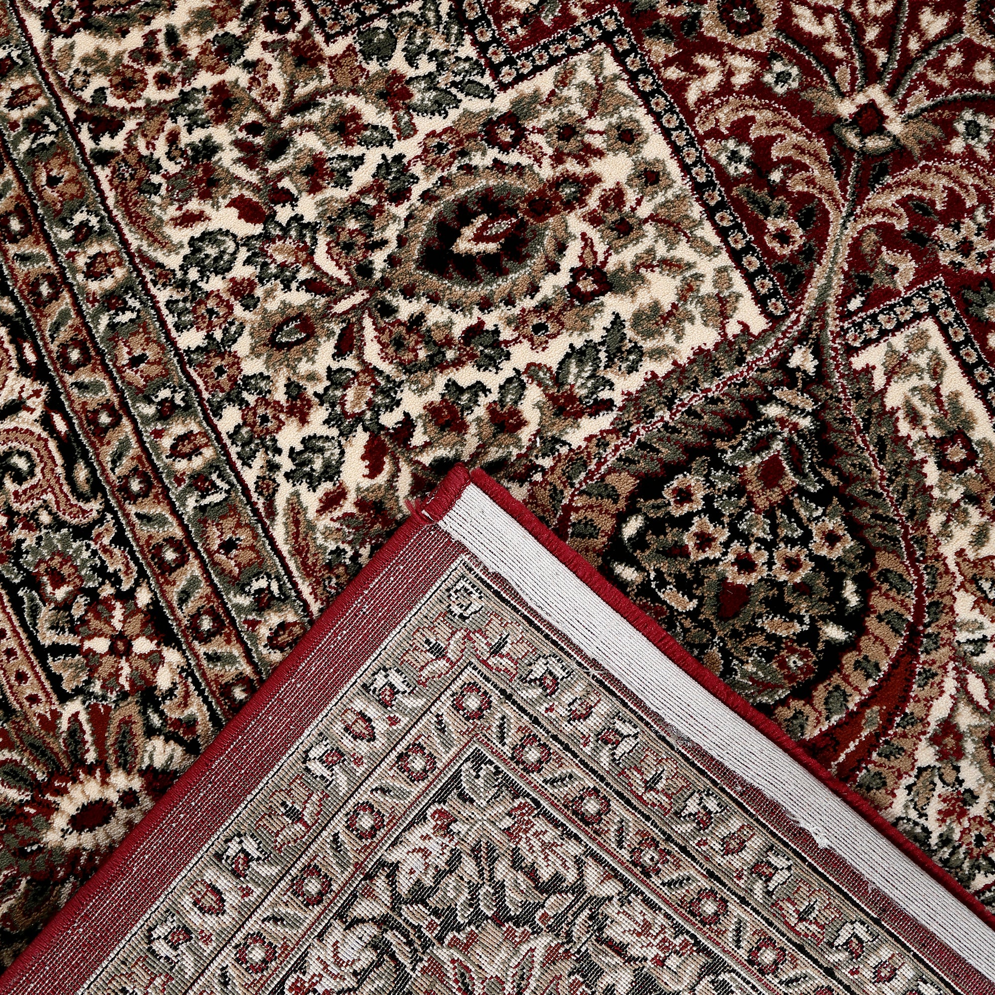 Corner and edge detail of Red Paisley Medallion Machine Woven Classic Art Silk Rug with ornamental border