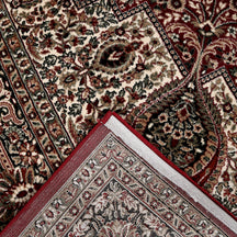 Corner and edge detail of Red Paisley Medallion Machine Woven Classic Art Silk Rug with ornamental border