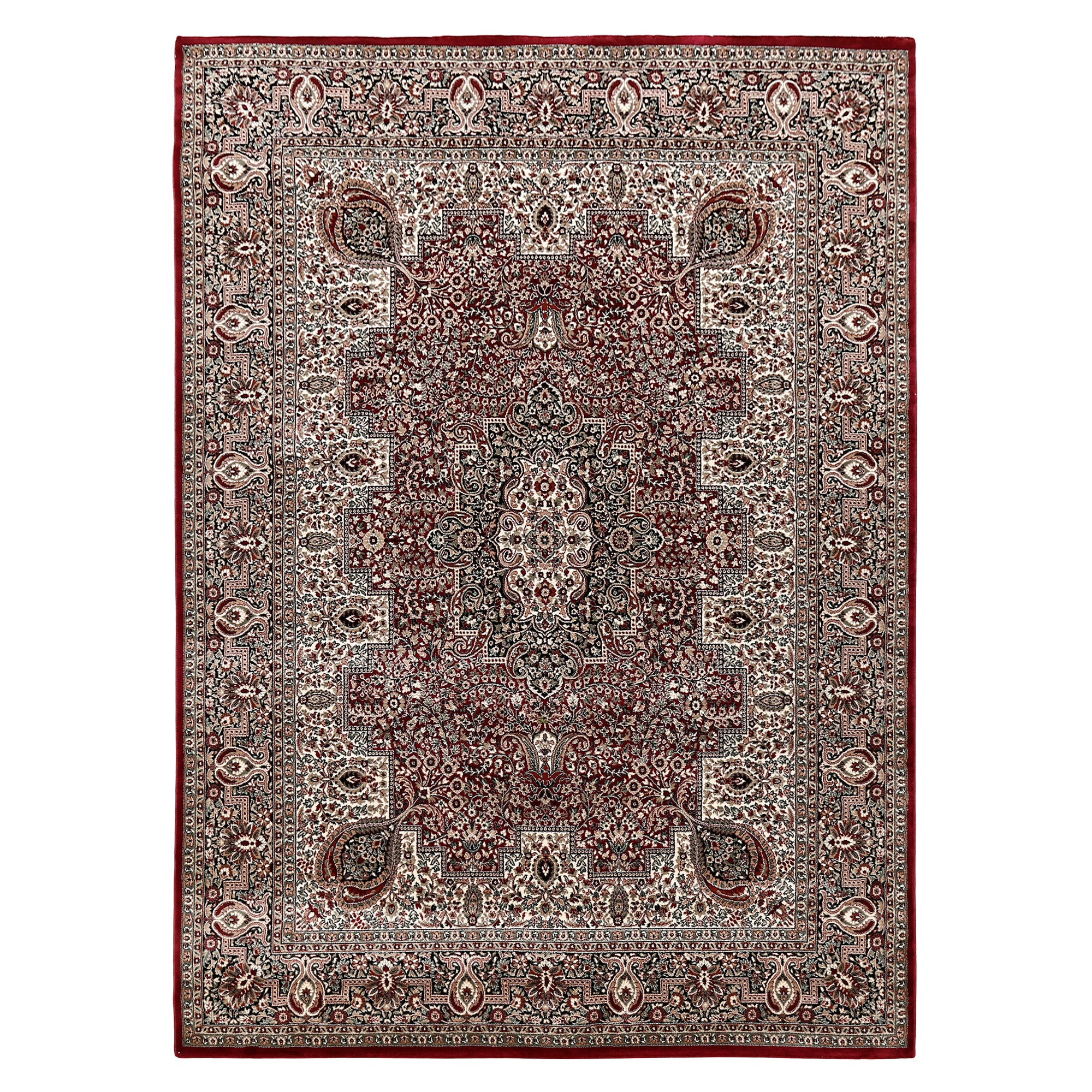 Full view of Red Machine Woven Classic Art Silk Rug with ornate central medallion and intricate paisley border