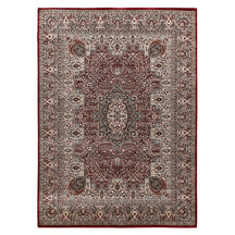 Full view of Red Machine Woven Classic Art Silk Rug with ornate central medallion and intricate paisley border