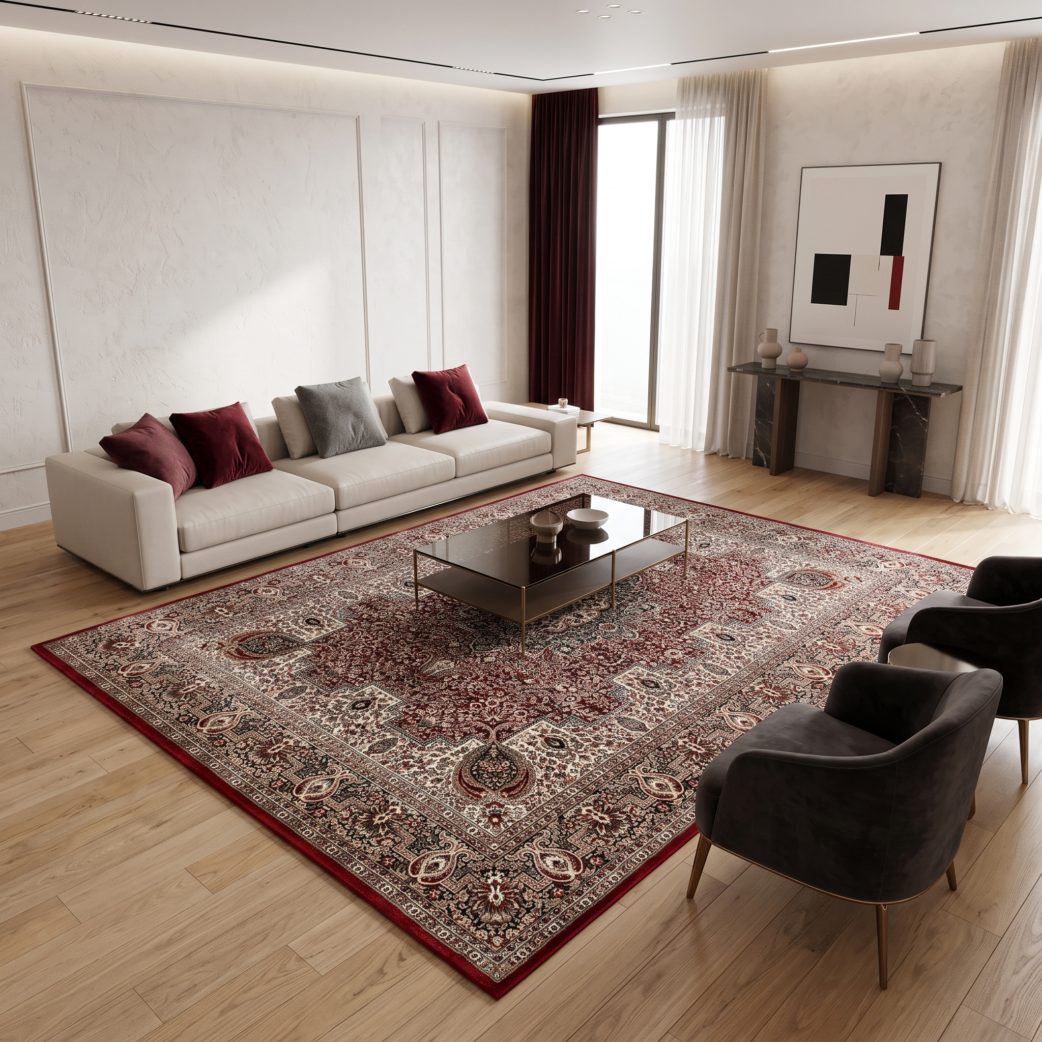 Red Paisley Medallion Machine Woven Classic Art Silk Rug styled in an elegant interior by Khushi Living