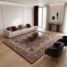 Red Paisley Medallion Machine Woven Classic Art Silk Rug styled in an elegant interior by Khushi Living
