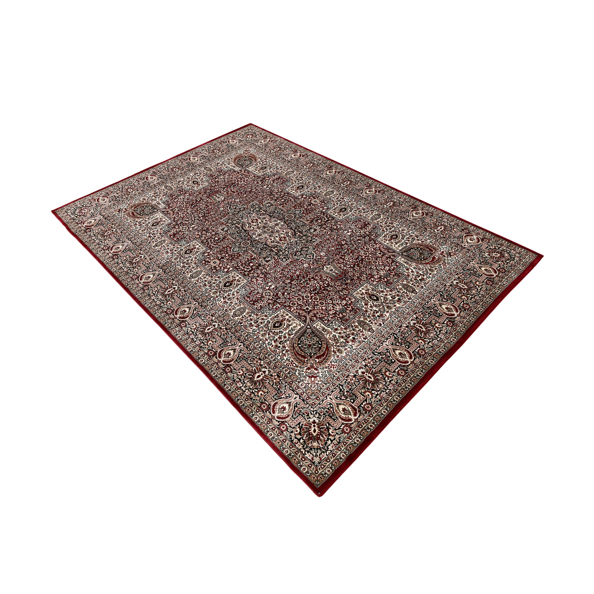 Side angle view of Red Paisley Medallion Machine Woven Classic Art Silk Rug by Khushi Living