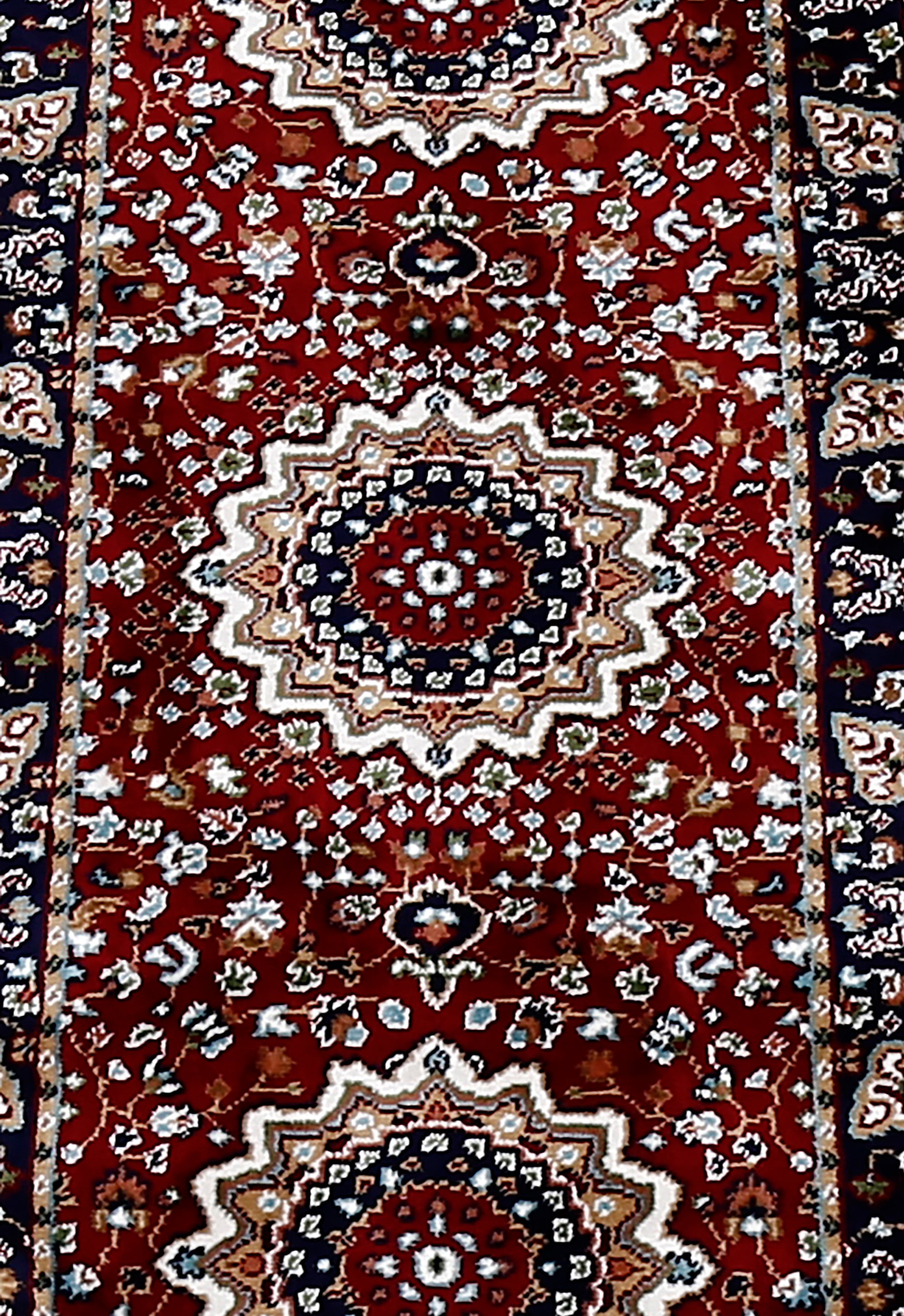 Close-up texture of Red Machine Woven Classic Art Silk Runner Rug showing floral medallions and smooth Art Silk surface