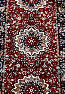 Close-up texture of Red Machine Woven Classic Art Silk Runner Rug showing floral medallions and smooth Art Silk surface