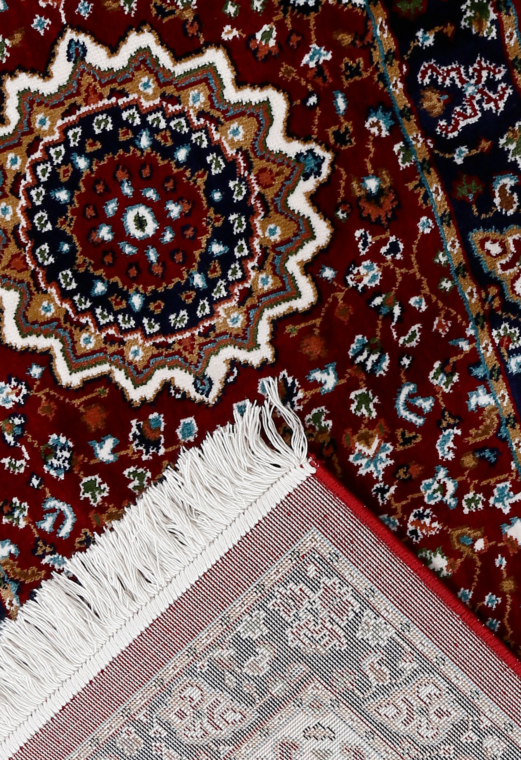 Corner and fringed edge detail of Red Repeating Medallion Machine Woven Classic Art Silk Runner Rug