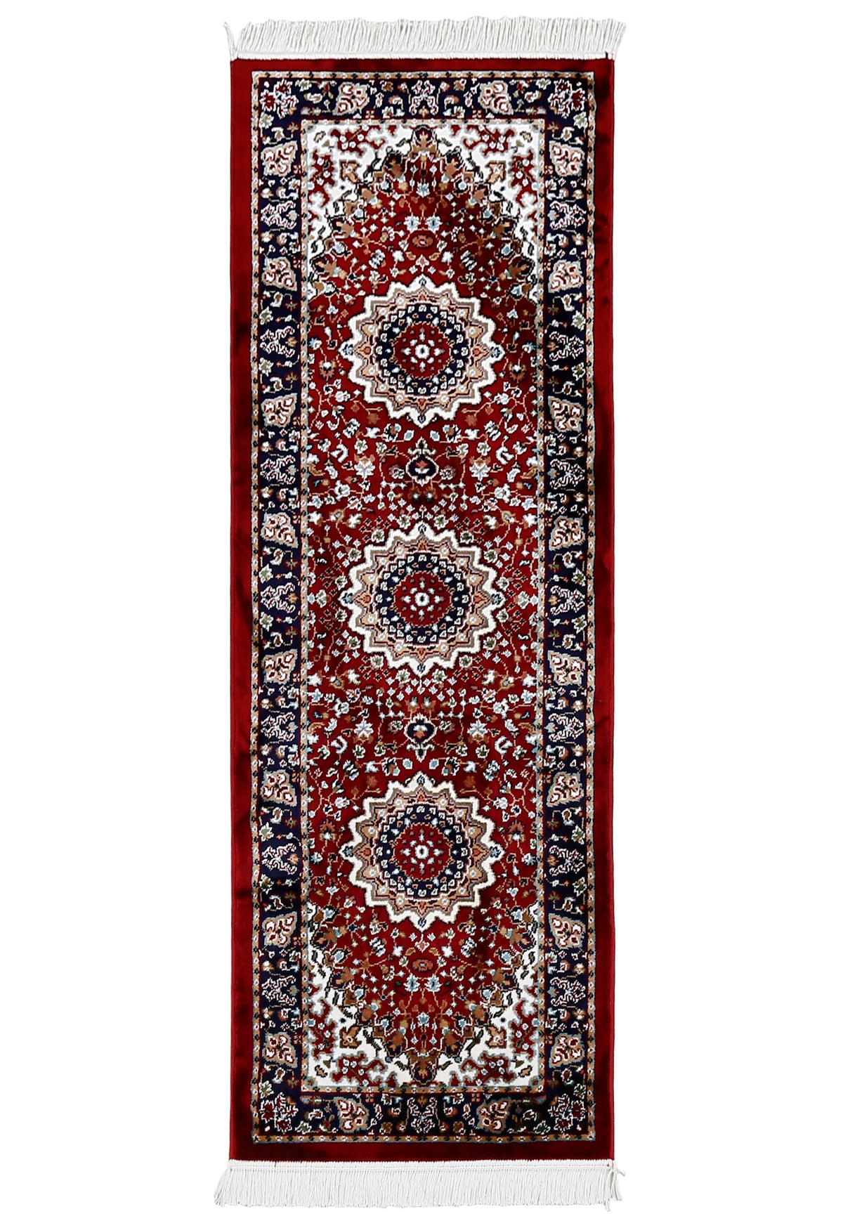Full view of Red Machine Woven Classic Art Silk Runner Rug with repeating floral medallions and navy border