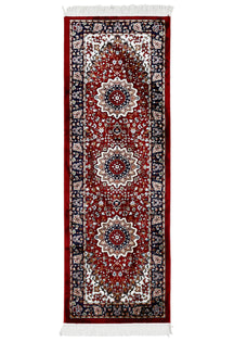 Full view of Red Machine Woven Classic Art Silk Runner Rug with repeating floral medallions and navy border