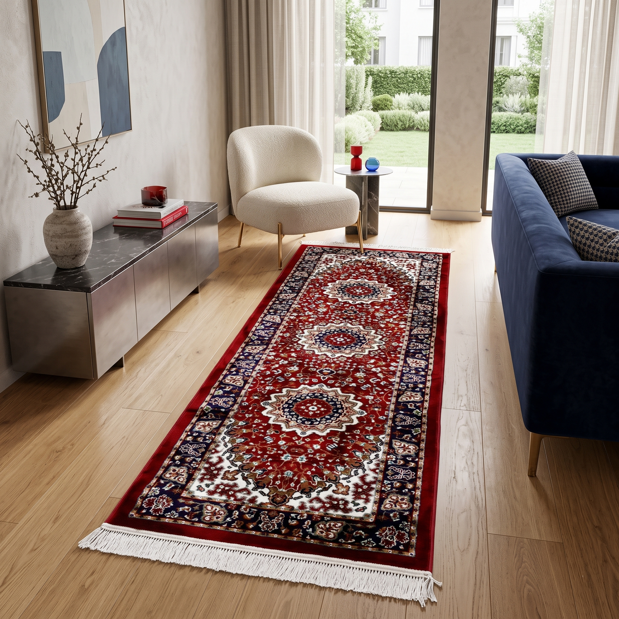 Red Repeating Medallion Machine Woven Classic Art Silk Runner Rug styled in a hallway interior by Khushi Living