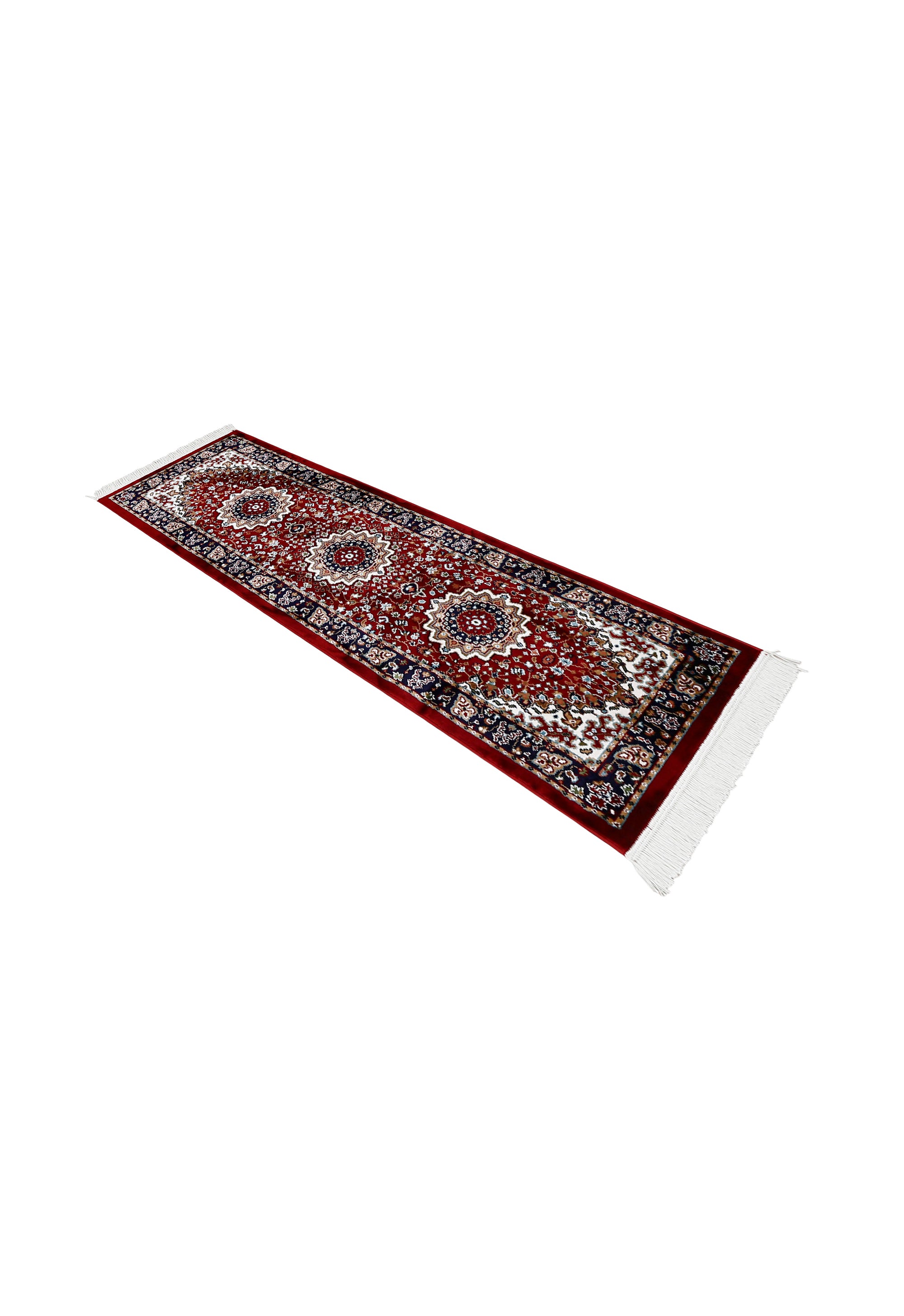 Side angle view of Red Repeating Medallion Machine Woven Classic Art Silk Runner Rug by Khushi Living