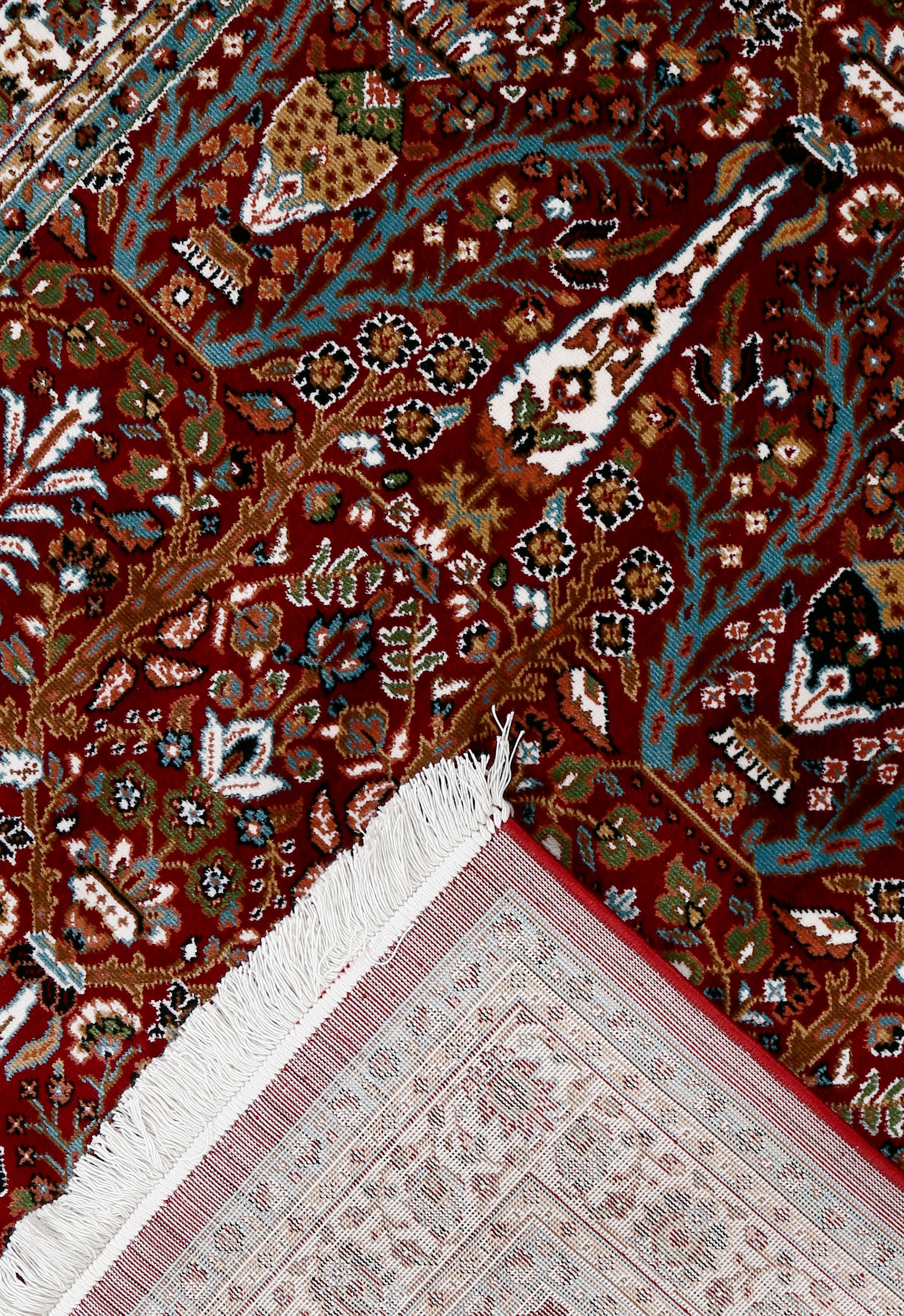 Corner and fringed edge detail of Red Tree of Life Machine Woven Classic Art Silk Rug