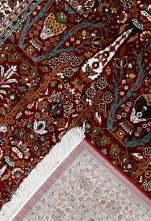 Corner and fringed edge detail of Red Tree of Life Machine Woven Classic Art Silk Rug
