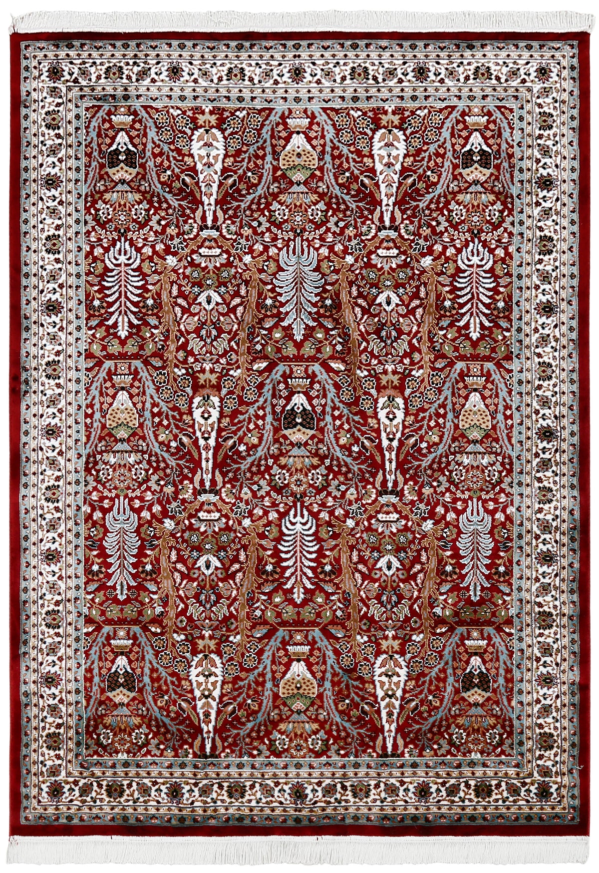 Full view of Red Machine Woven Classic Art Silk Rug with Tree of Life motifs and ivory floral border