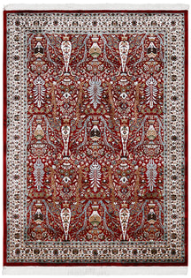 Full view of Red Machine Woven Classic Art Silk Rug with Tree of Life motifs and ivory floral border