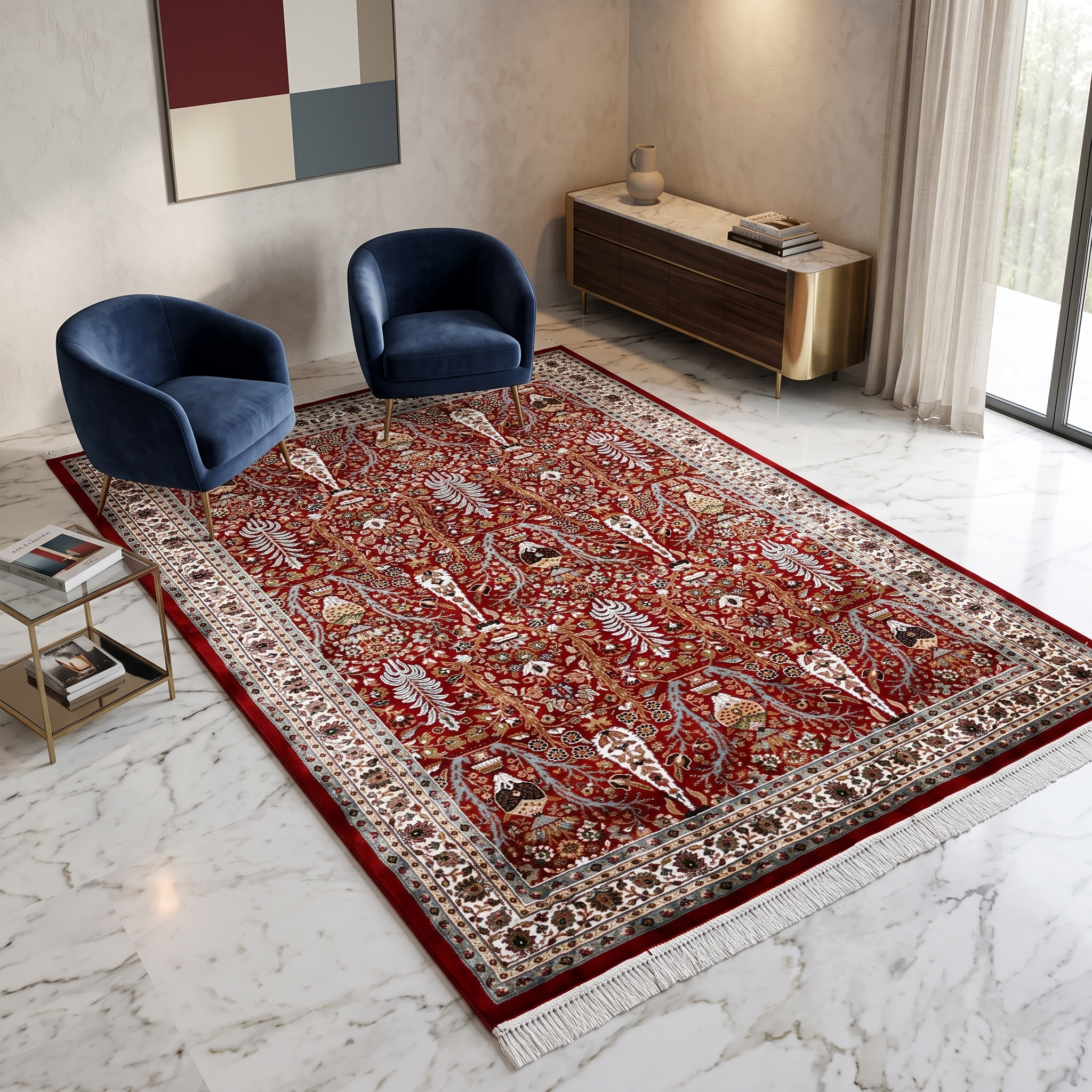 Red Tree of Life Machine Woven Classic Art Silk Rug styled in an elegant interior by Khushi Living