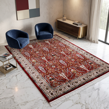 Red Tree of Life Machine Woven Classic Art Silk Rug styled in an elegant interior by Khushi Living