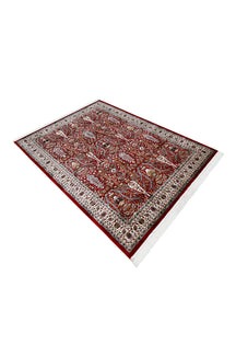 Side angle view of Red Tree of Life Machine Woven Classic Art Silk Rug by Khushi Living