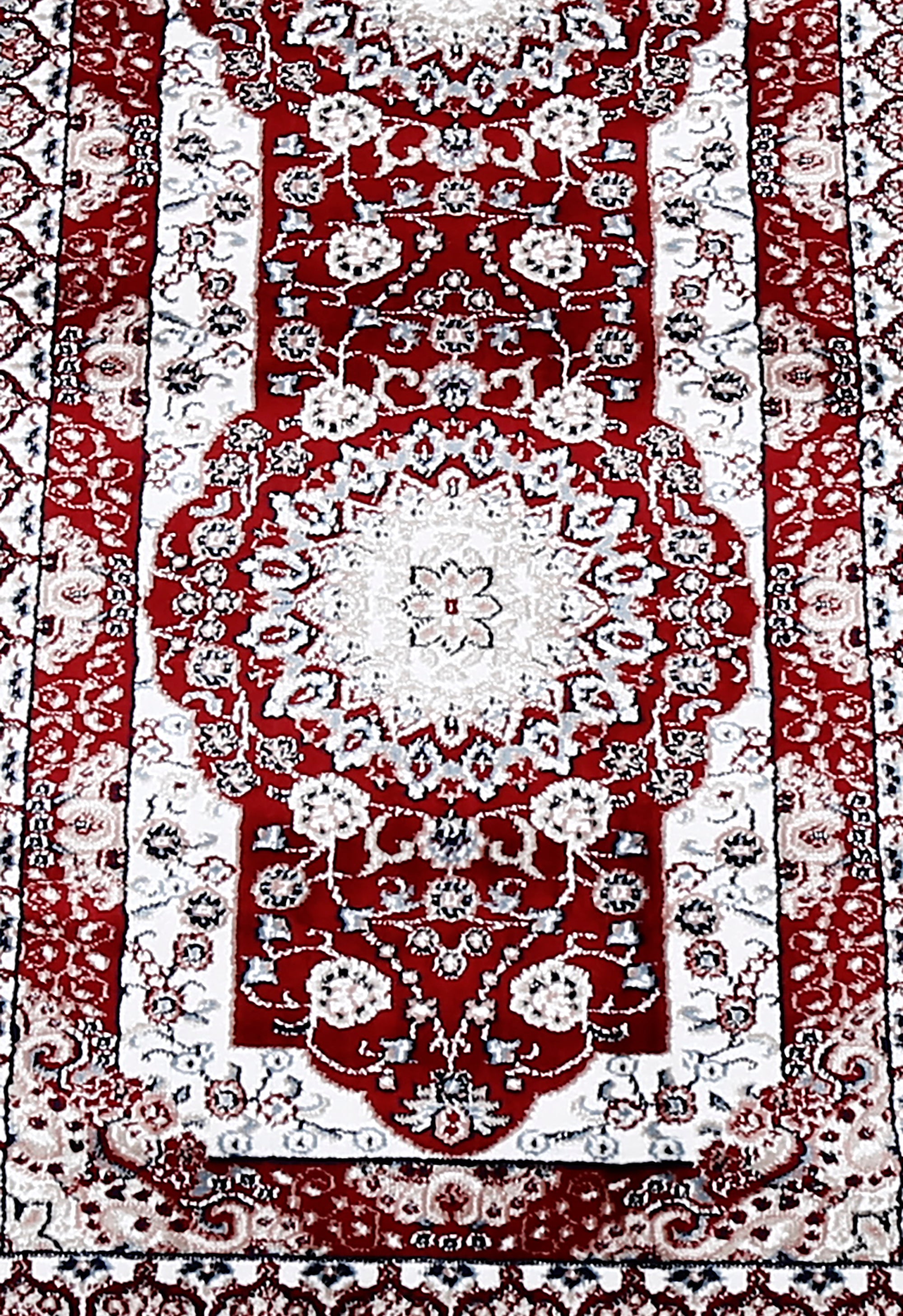 Close-up texture of Red Machine Woven Classic Art Silk Runner Rug showing ivory floral medallion motifs and smooth Art Silk surface