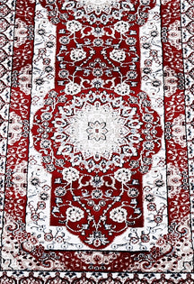 Close-up texture of Red Machine Woven Classic Art Silk Runner Rug showing ivory floral medallion motifs and smooth Art Silk surface