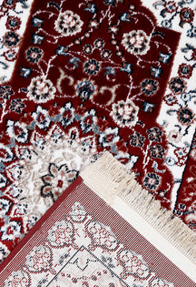 Corner and fringed edge detail of Red Triple Floral Medallion Machine Woven Classic Art Silk Runner Rug
