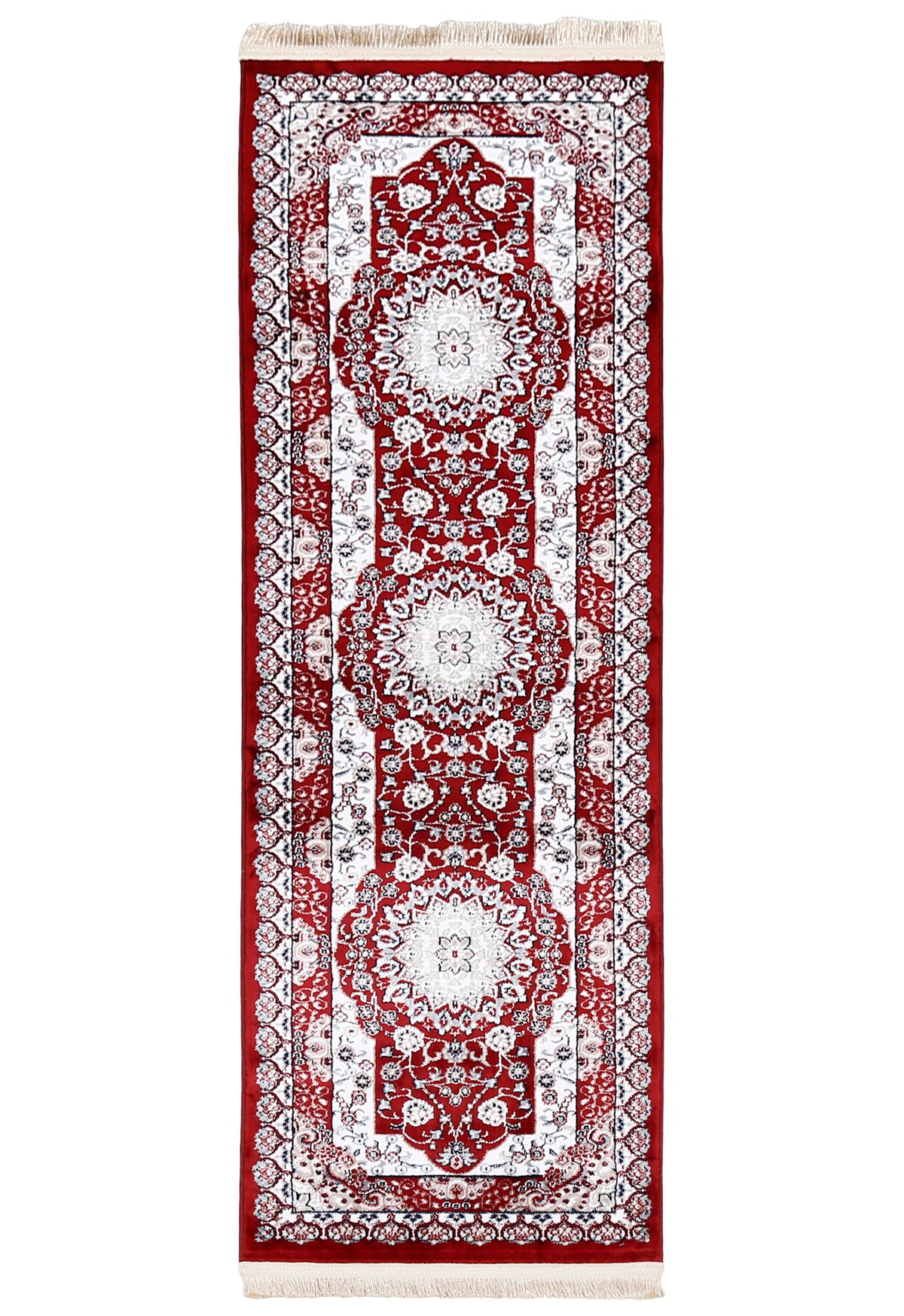 Full view of Red Machine Woven Classic Art Silk Runner Rug with three ivory floral medallions and ornamental border