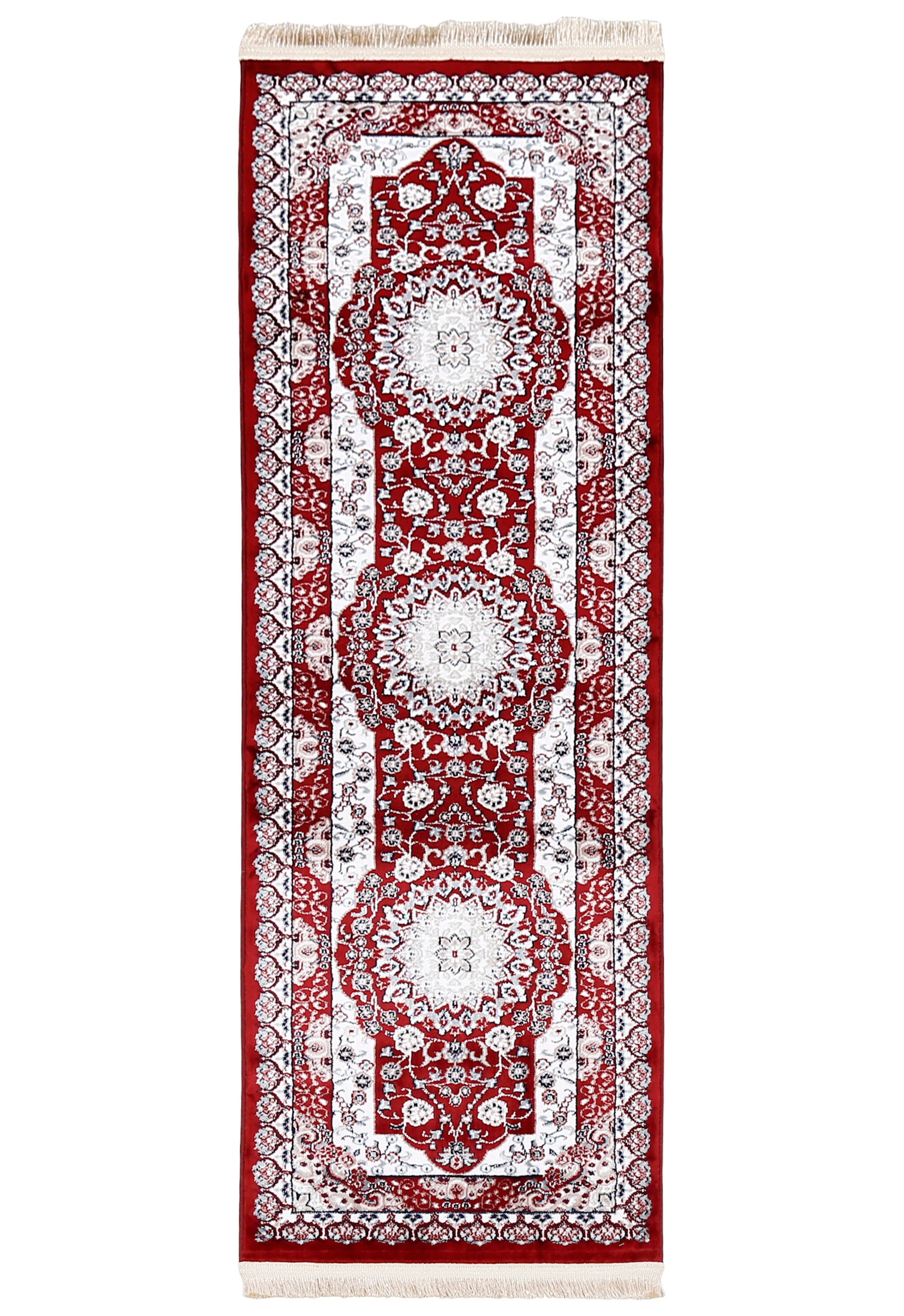 Full view of Red Machine Woven Classic Art Silk Runner Rug with three ivory floral medallions and ornamental border