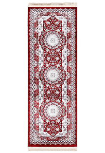 Full view of Red Machine Woven Classic Art Silk Runner Rug with three ivory floral medallions and ornamental border