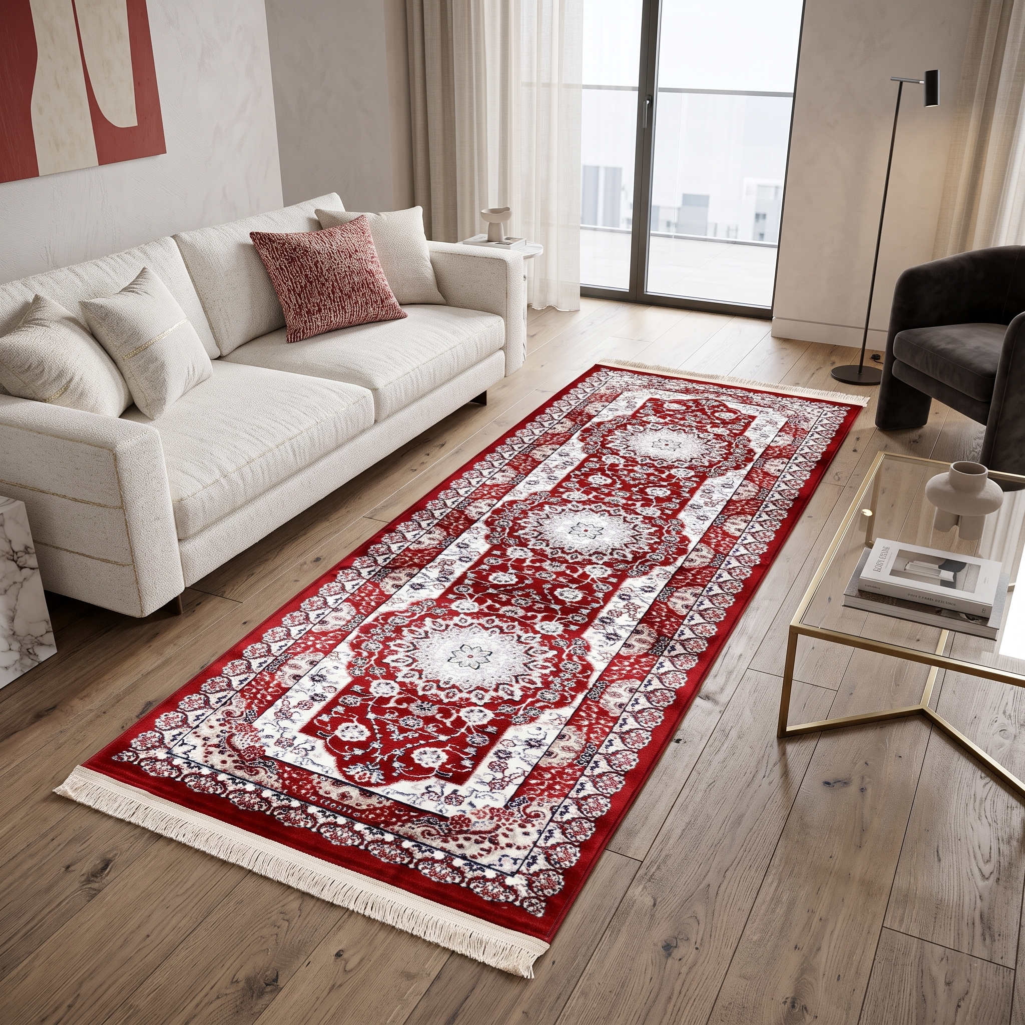 Red Triple Floral Medallion Machine Woven Classic Art Silk Runner Rug styled in an elegant hallway by Khushi Living