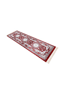 Side angle view of Red Triple Floral Medallion Machine Woven Classic Art Silk Runner Rug by Khushi Living