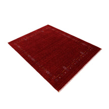 Side perspective of deep red Hand Woven Loom Lori wool rug highlighting natural wool texture and refined tribal border design