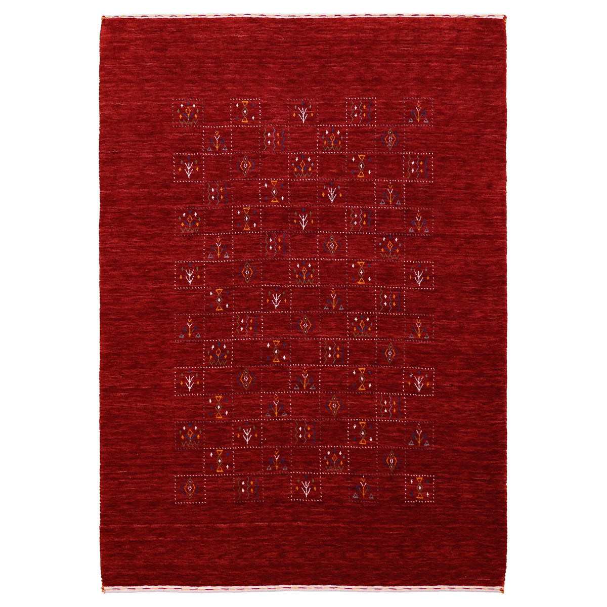 Full view of crimson red Hand Woven Loom Lori wool rug with dotted central panels and colourful geometric folk motifs