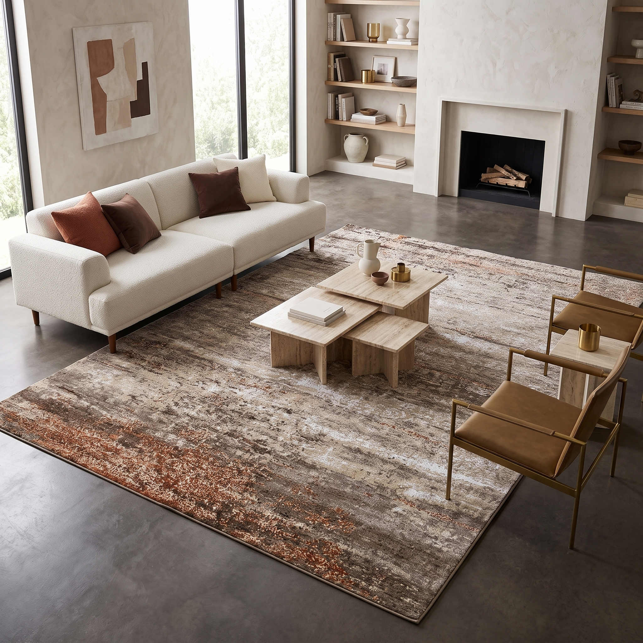 Rust Horizon hand knotted modern wool and viscose rug displayed in a contemporary living room