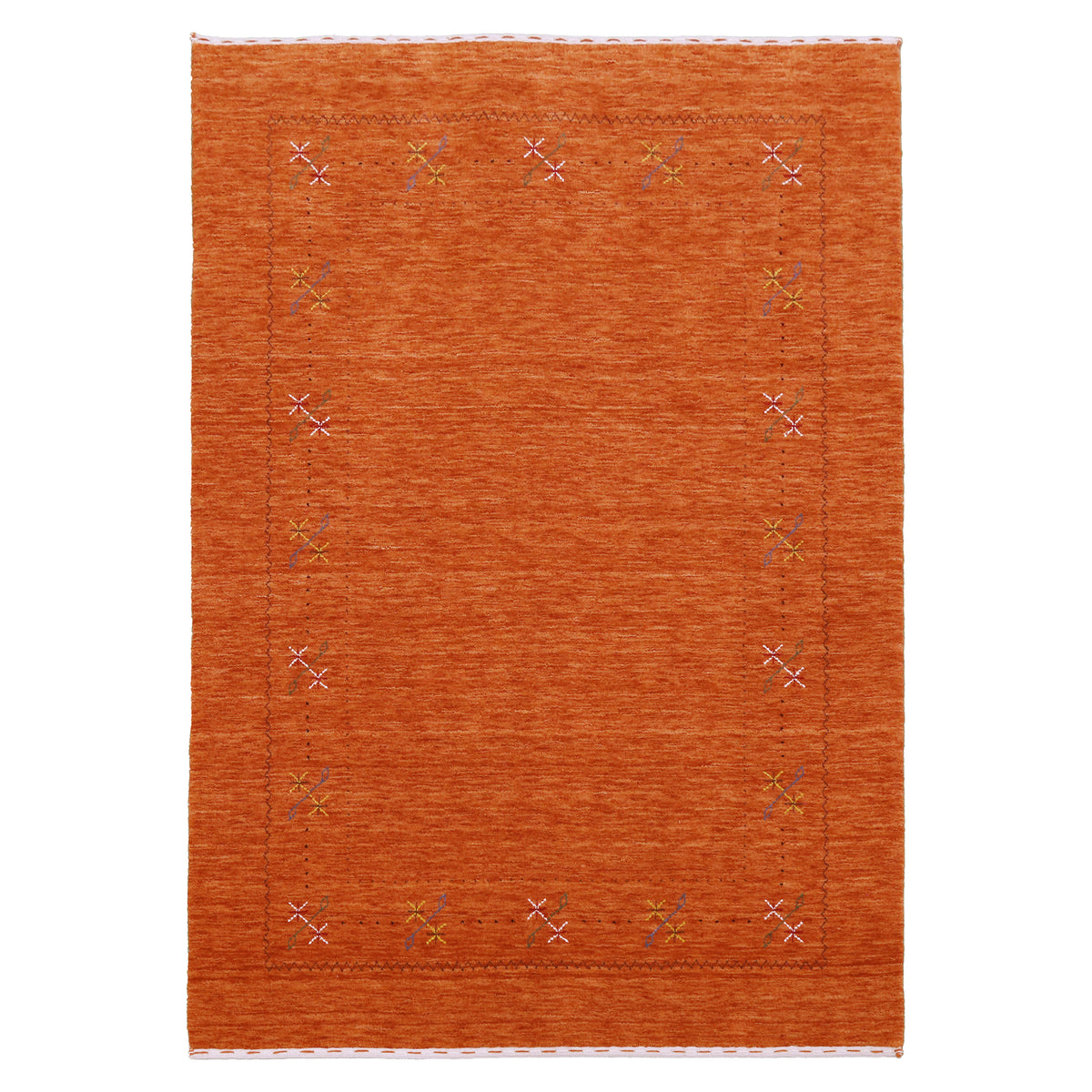 Full view of rust orange Hand Woven Loom Lori wool rug with multicolour floral motifs and subtle geometric border