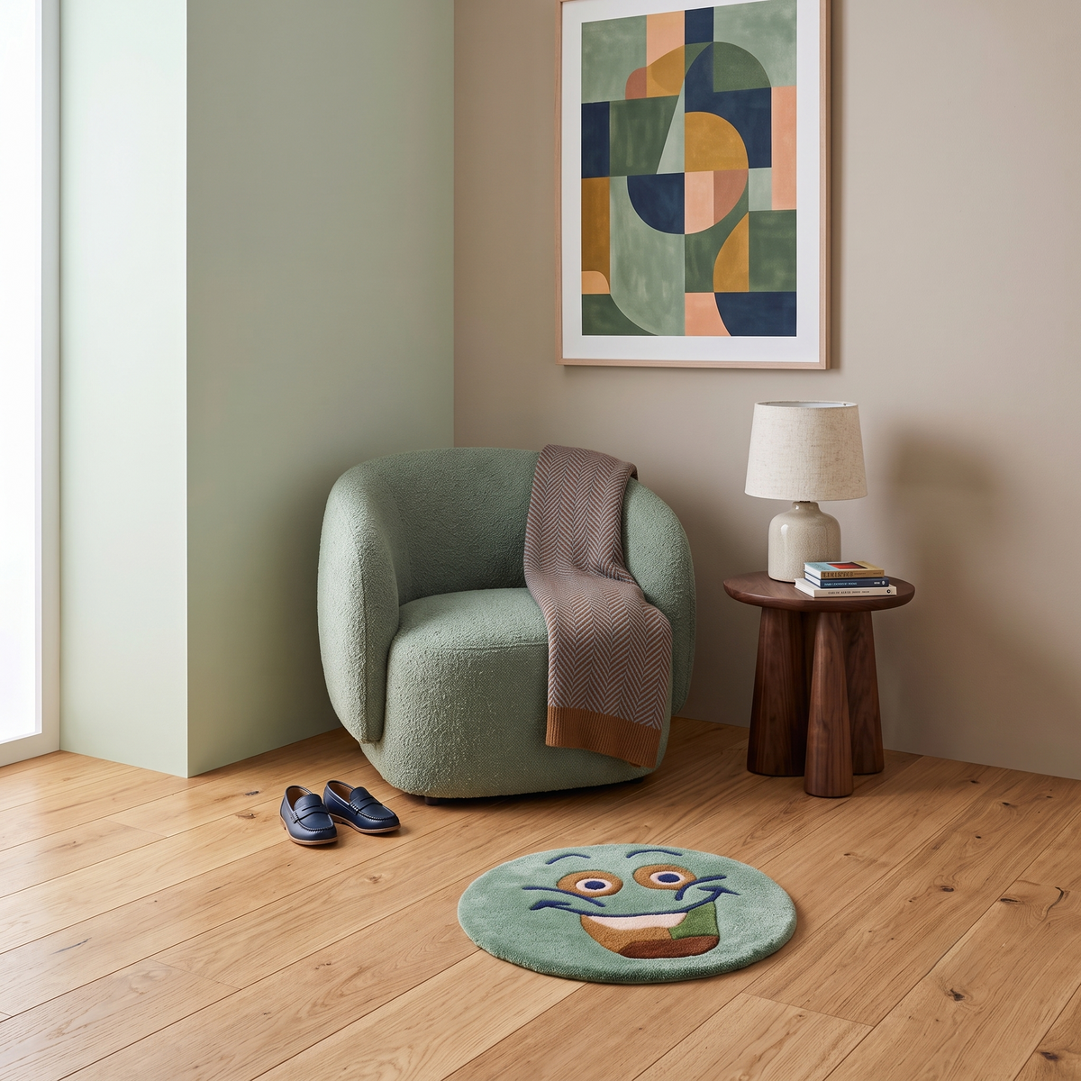 Sage green round hand tufted wool smiley face kids rug styled in a playful children's room interior.