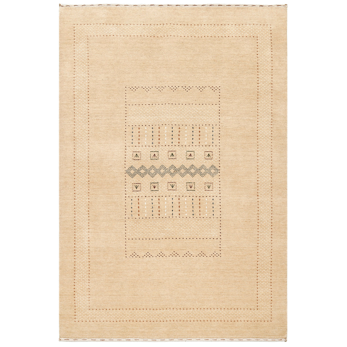 Full view of natural beige Hand Woven Loom Lori wool rug with central diamond panel and finely dotted geometric border