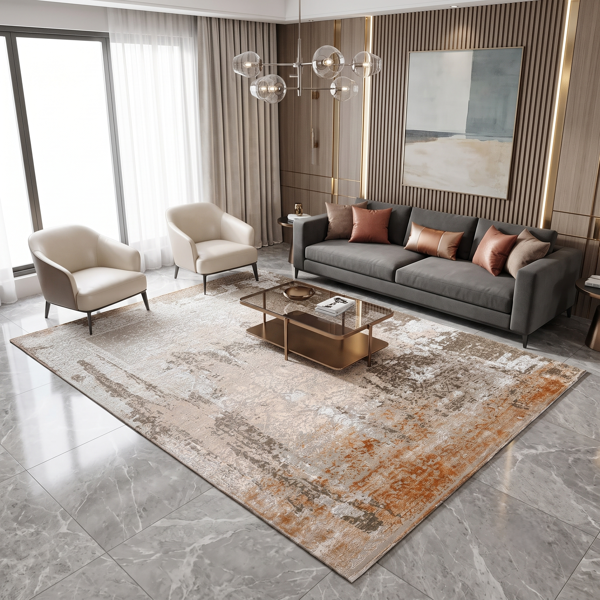 Sandstone rust distressed hand knotted wool and viscose rug displayed in a modern neutral living room